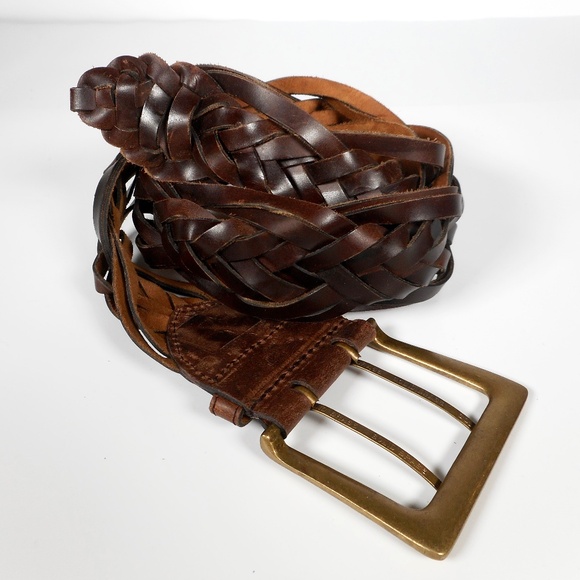 Wide Genuine Leather Brown Braided Belt S M 2-Prong Big Brass Buckle 33-36 Waist main image 2